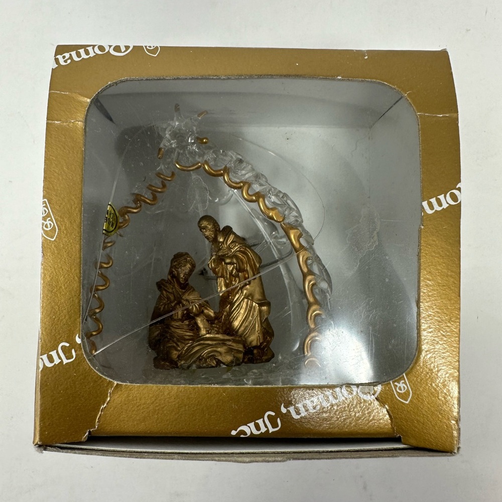 Roman Inc. Spun Glass W/ Gold Plated Manger Nativity Christmas Ornament N1